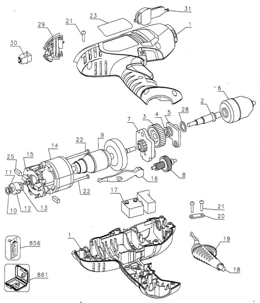 Drill Assembly Diagram and Parts List for DR201KTY1  Black and Decker Drill